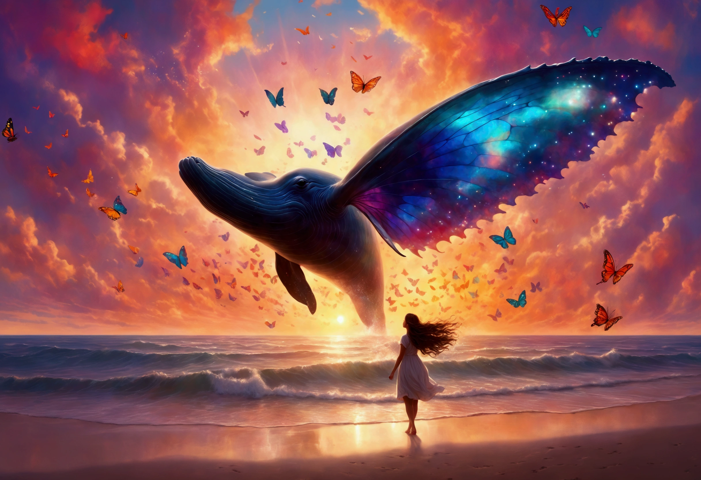 A whale flies through dreamy skies, it has 3 sets of enormous colorful butterfly wings, a cute woman lies on the beach watching its majestic flight