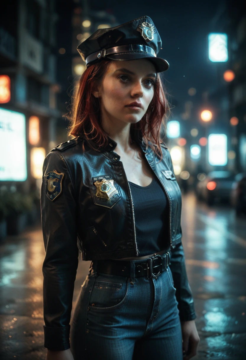 portret photo of  scarlett , in cyberpunk city at night. She is wearing a leather jacket, black jeans, dramatic lighting, (police badge:1.2)(realistic, epic character composition, by ilya kuvshinov, alessio albi, nina masic, sharp focus, natural lighting, subsurface scattering, f2, 35mm, film grain, artistic photography, beautiful, masterpiece, hyperdetailed)
 scarlett
