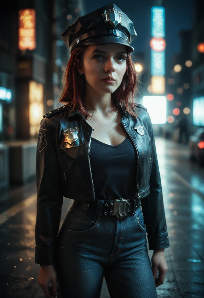 portret photo of scarlett , in cyberpunk city at night. She is wearing a leather jacket, black jeans, dramatic lighting, (police badge:1.2)(realistic, epic character composition, by ilya kuvshinov, alessio albi, nina masic, sharp focus, natural lighting, subsurface scattering, f2, 35mm, film grain, artistic photography, beautiful, masterpiece, hyperdetailed)
scarlett