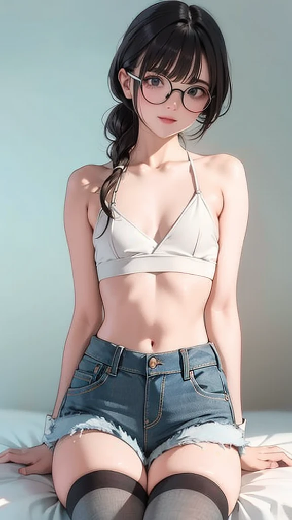 4K, masterpiece, 8K, high quality, 最high quality,10歳のLovely少等生, Very white skin, Brown long hair，A little bit，Low length，freckle，Sparse eyebrows，Straight bangs，(flat chest) ，Feminization, tilt, elegant, elegant, Lovely, Smile, Lovely, , belly button, Denim low waist mini skirt, ((Black knee socks)), (Ugly clothes)、((Gray background))(masterpiece, best quality), 1 Girl, Small Breasts, Smaller hips, Crop Top, Bikini shorts, bedroom, Striped knee-length socks, ,Breasts Pink Nipples,Naked Room，Break apart，NUDE， Glasses,