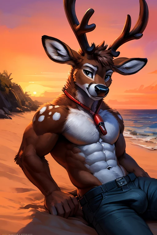 ((anthropomorphic Deer)) with He has all black eyes
Brown fur bright random white spots and muscular And antlers , big chest, day, sexy, sensual, detailed, uploaded to e621, beautiful and detailed portrait of an anthropomorphic Deer with He has all black eyes
Brown fur bright random white spots and muscular And  antlers ((male ))) kenket, Ross Tran, ruan jia, uploaded to e621, zaush, foxovh, movie lighting,, muscular toned, muscles, muscular build, with a slight bulge in his pants of happiness, ((at a beach during sunset laying in the sand with a red whistle around his neck, wearing only pants, anthropomorphic