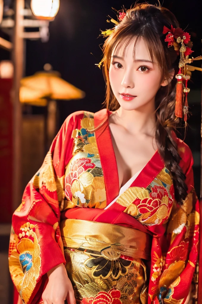 Detailed faces, 4k, 8k, beautiful girls, Korean makeup, Red lips, medium body, medium chest, thigh, Girl in Tet outfit, Lunar New Year, Oriental New Year, Tet accessories, Everything related to the Lunar New Year, Red and Yellow costumes, Phoenix motifs, couplet, New Year's fireworks scene,