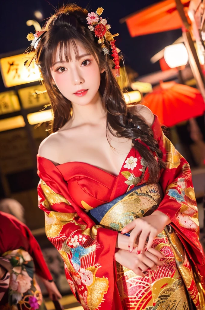 best quality, 8k, very delicate and beautiful, highly detailed face and skin texture, shiny skin, high resolution, big tits cute long hair japanese girl in red kimono on street at night, under the light, sharp focus
