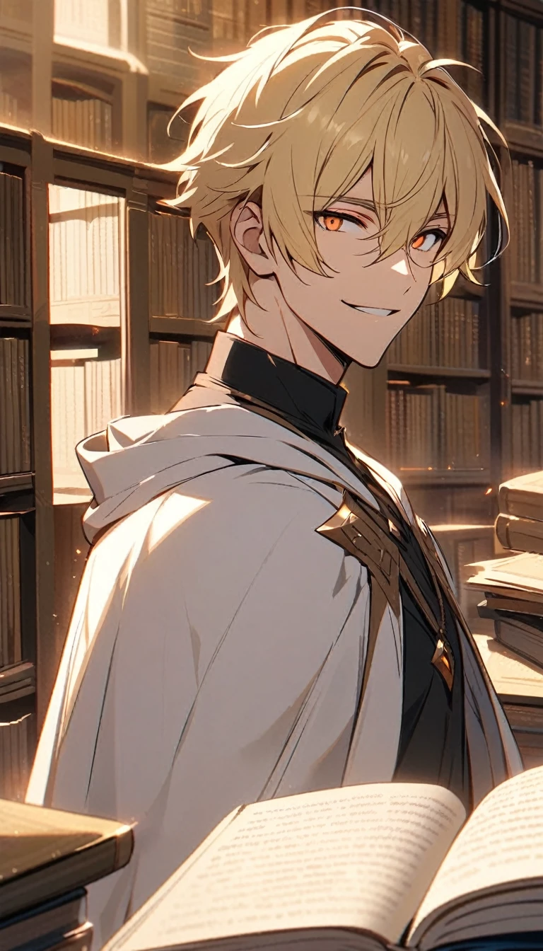 Solitary, Handsome, 1 male, Blonde Hair, Orange Eyes, White hooded cape, Black shirt, library, Smiling face