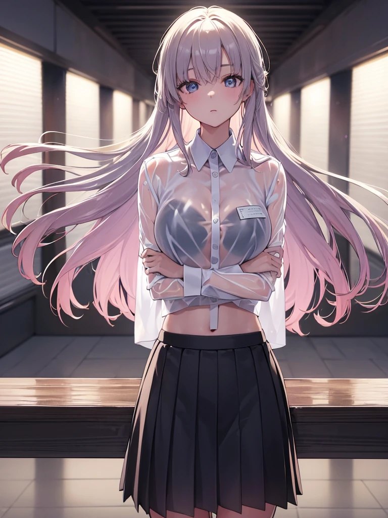 The clothes are wet, (Y-shirt is transparent: 1.4), skirt, (Unbroken body), (Perfect body structure), (arms two), (legs two), highest quality, 4K, (High resolution: 1.3) masterpiece , 1.2, Super detailed, HDR, Studio Lighting, Sharp Focus, Bright colors, Portrait, Warm tones, Soft Lighting,