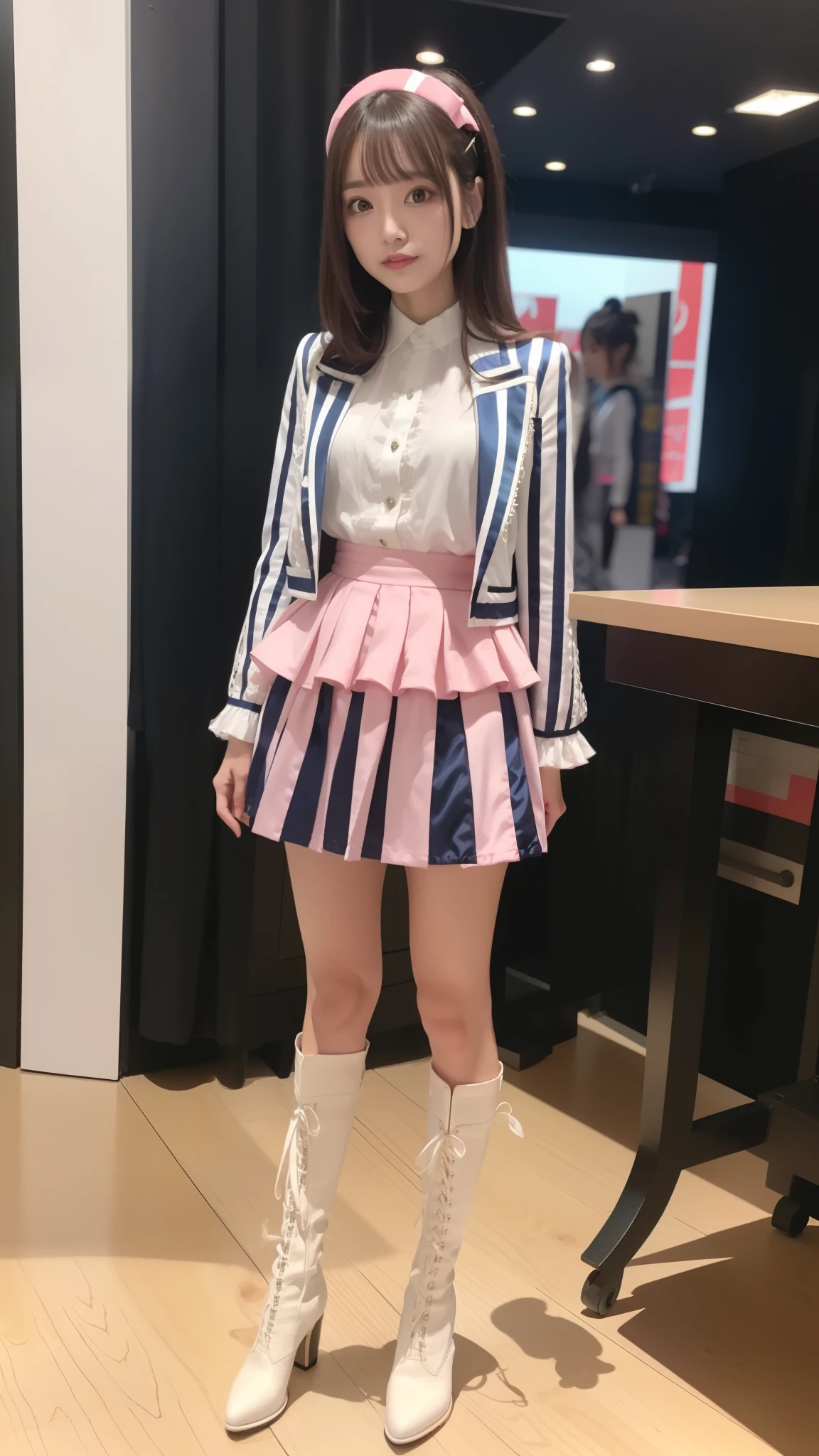 Costume like a idol, blue and white half sleeve Jacket, pink satin ruffled blouse, White and pink stripe pleated skirt, white lace up boots