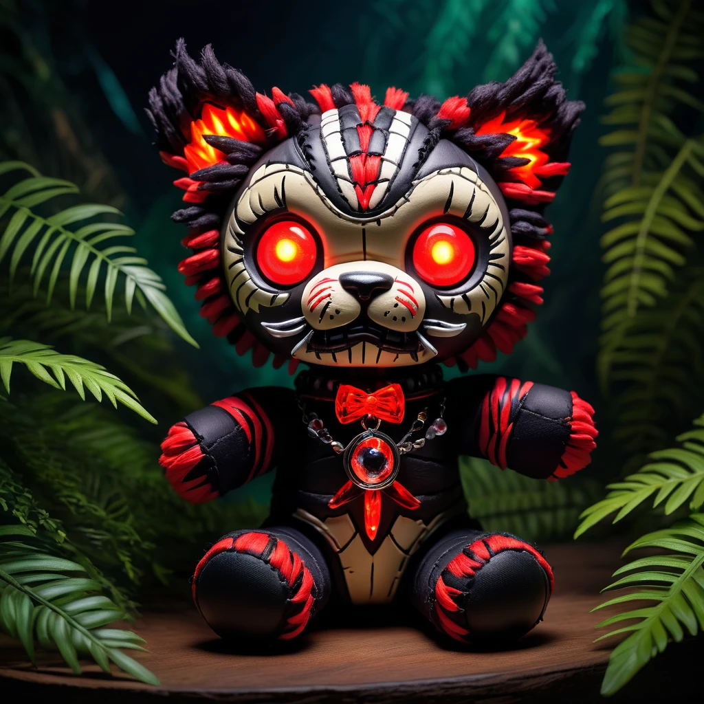 (knitted toy voodoo doll:1.7), (Voodoo Blood Tiger:1.3), (Clothing: dark fur with glowing red eyes:1.0), (Accessories: enchanted infernal claws, glowing bloodstone pendant, mystical cursed jungle:1.2), (background: moonlit jungle with floating, glowing embers and distant roars:1.2), best quality, masterpiece, detailed soft oil painting, detailed background, dramatic cinematic lighting, soft edge lighting, professional, dramatic lighting, hard edge lighting, ultra quality, 4k,masterpiece, best quality, 8k, ultra highres, highres, extremely detailed