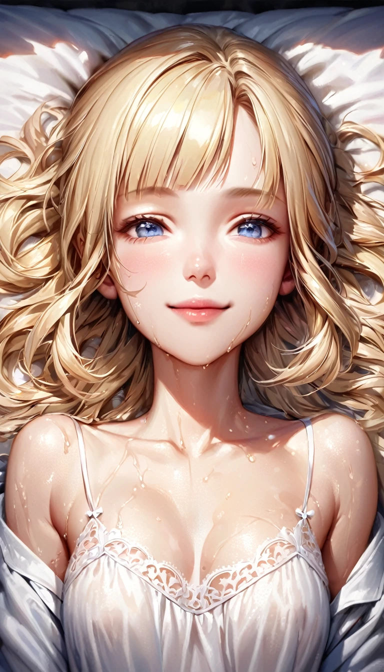 Ayaka,((blonde)),Beautiful Face,smile, Mid-chest,Lying in bed,Wearing a white nightgown, (Open your mouth:0.4),shape,Detailed Texture,Very detailed(Realistic),Portrait Style,Vibrant colors,Soft lighting. Sweaty,  whole body,