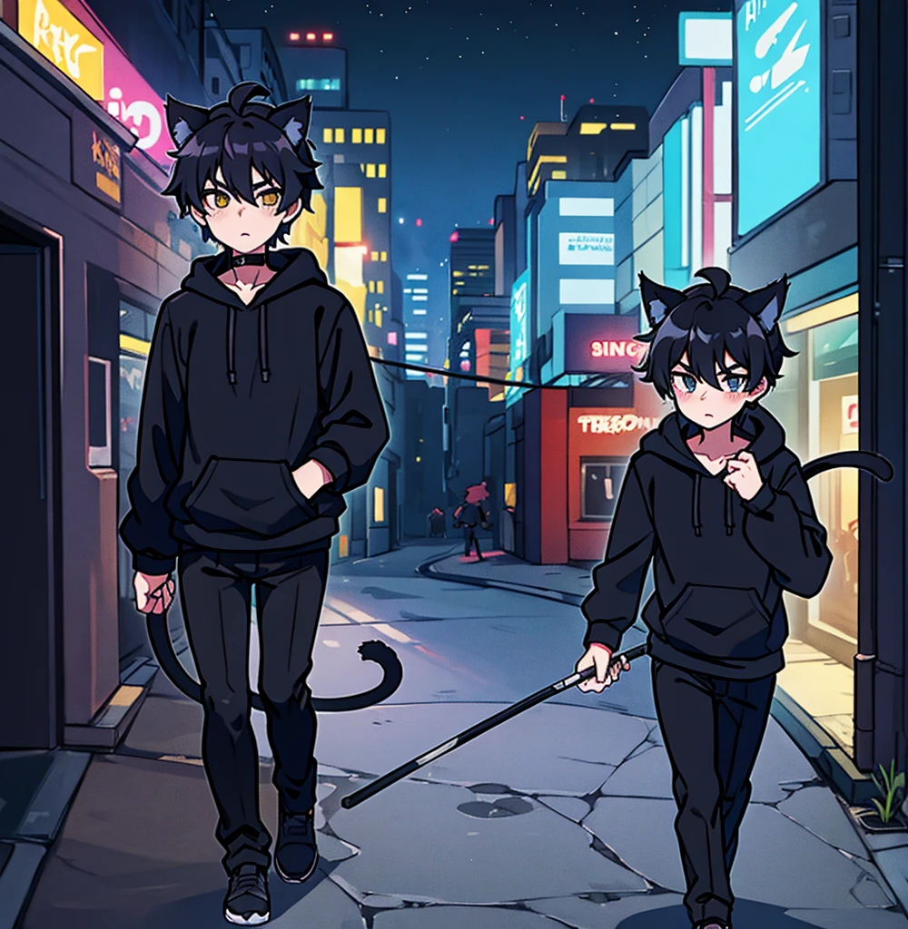 2d anime cat boy with black hair and kitty ears, wearing black hoodie, black pants, walking under city lights at night all alone by himself 