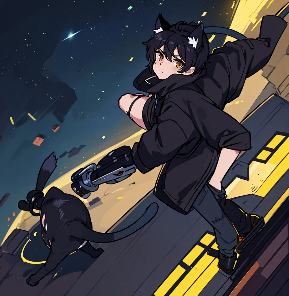 2d anime cat boy with black hair and kitty ears, wearing black hoodie, black pants, walking under city lights at night all alone by himself