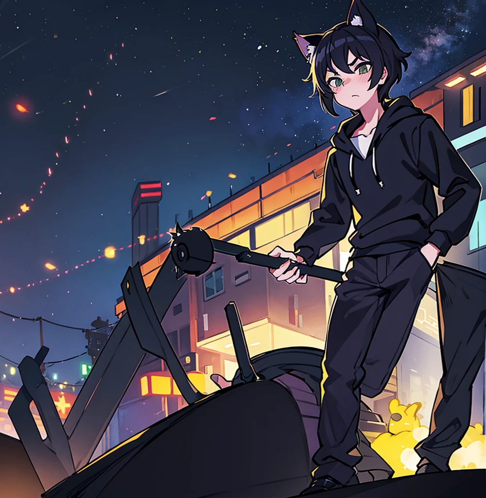 2d anime cat boy with black hair and kitty ears, wearing black hoodie, black pants, walking under city lights at night all alone by himself