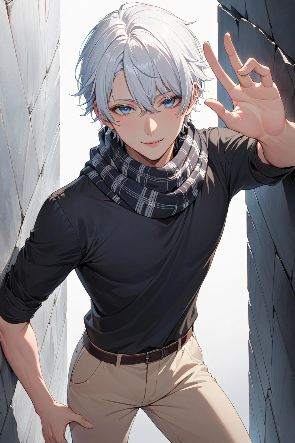 (Masterpiece, คุณภาพดีatสุด:1.2), Goju_satoru, เด็กman 1 คน, black_scarf, black_shirt, light blue_eyes, cowboy_shoot, diffraction_pointed, hand_climb, look_at_viewer, man_Point of interest, trousers, Parting ways_lips, shirtคลุม, scarf, shirt, short_hair, smile, alone, stand, white_background, white_hair, white_shirtคลุม กัดคอ