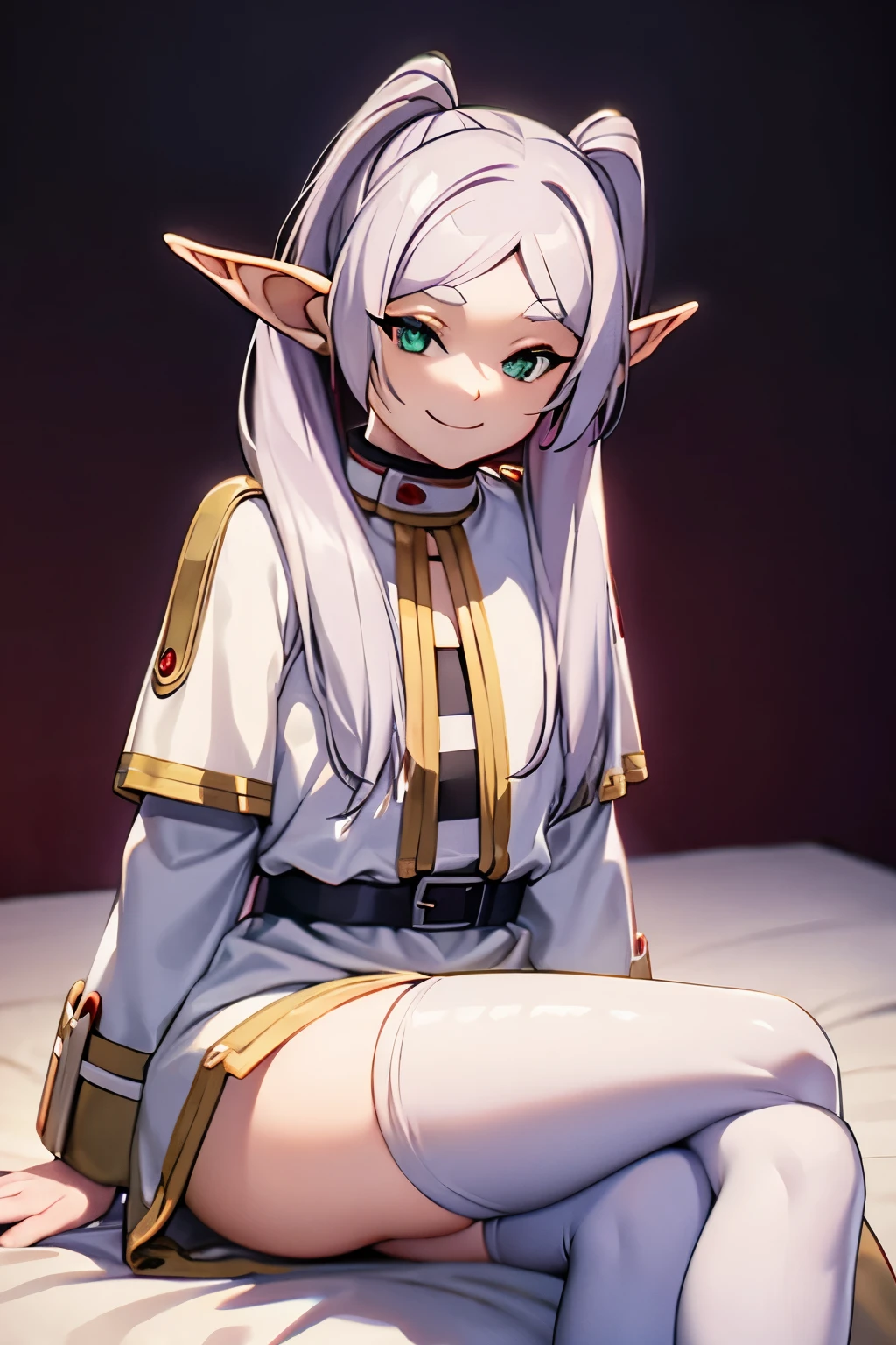 Cross-legged on the bed, with transparent white shirt, mischievous grin , elf ears , blackstockings 