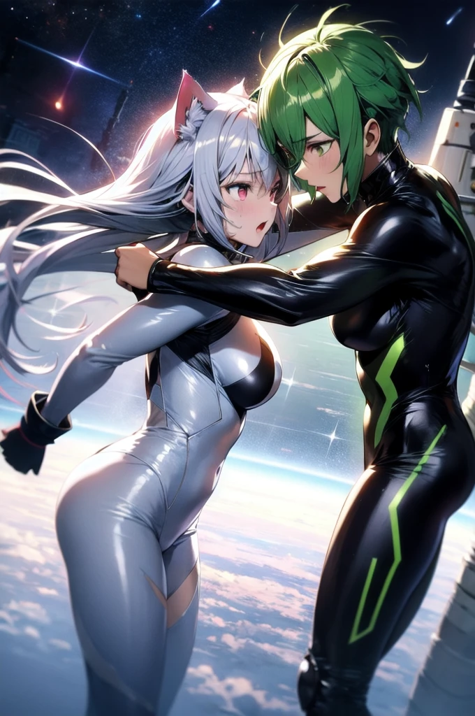 A silver-haired beautiful girl with cat ears eyes are green hair is silver and long clothes: a form-fitting black combat suit The fist is an afterimage The background is a city at night her is in a cat-like fighting pose The year is  monitor, Dark Night, Sweat, Steam of Exhalation, Space, Battle, Dynamic Angle　one girl