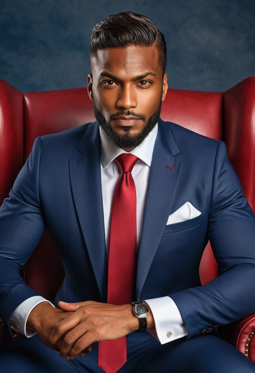 Professional photo image of handsome brown skin businessman sitting comfortably in an armchair, wearing a sophisticated navy blue suit with white shirt and red tie, looking directly at the camera leaning forward, Emphasizes your expressive face and grace, highy detailed, chic, 8k, ultra-realistc, Really textured leather, beard and short hair