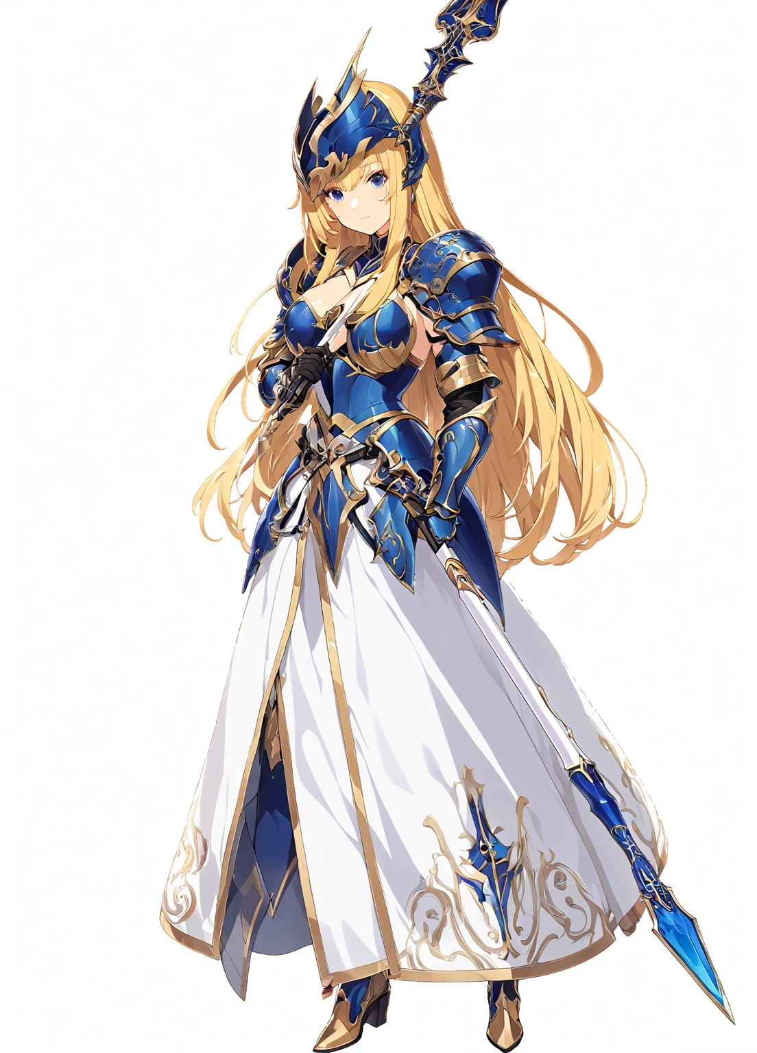 high quality, high resolution, high qualityのゲームアートスタイル, whole body,valkyrie,perfect hand,Official Art, Smooth game CG art, Visual Novel Sprites, White background,Smooth game CG art, (((Woman with a long spear))),Woman wearing a white dress and blue armor, An intricately designed helmet with white feathers,Small shield, (((In his right hand he holds an elaborate long spear))),Exquisite Blue Armor,Golden Hair, long hair, female knight, Rin々Shii,Large Bust,20-year-old,