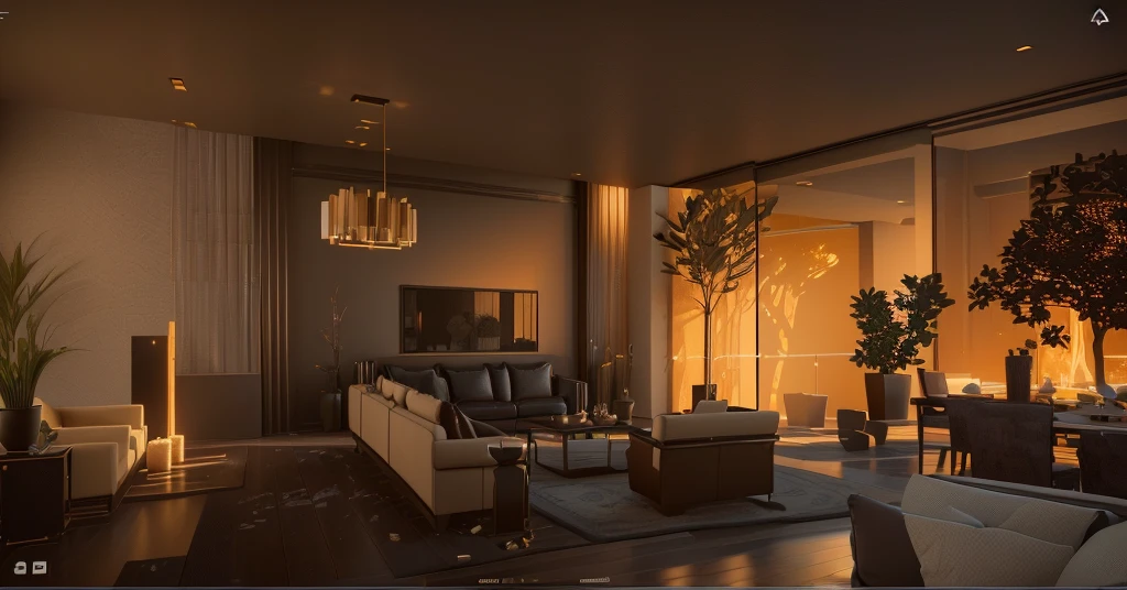 Side view of the living room，Features a sofa and table, 8K Sensual Lighting, Stunning rendering, Unreal Engine ; Romantic Theme, Rendering in Lumion Pro, Unreal Engine realistic render, octane render Unreal Engine 8 k, rendered in Unreal Engine 5, Unreal Engine 5 render dramatic, Dramatic lighting rendering, Unreal Engine 5 Rendering, Vray rendering
