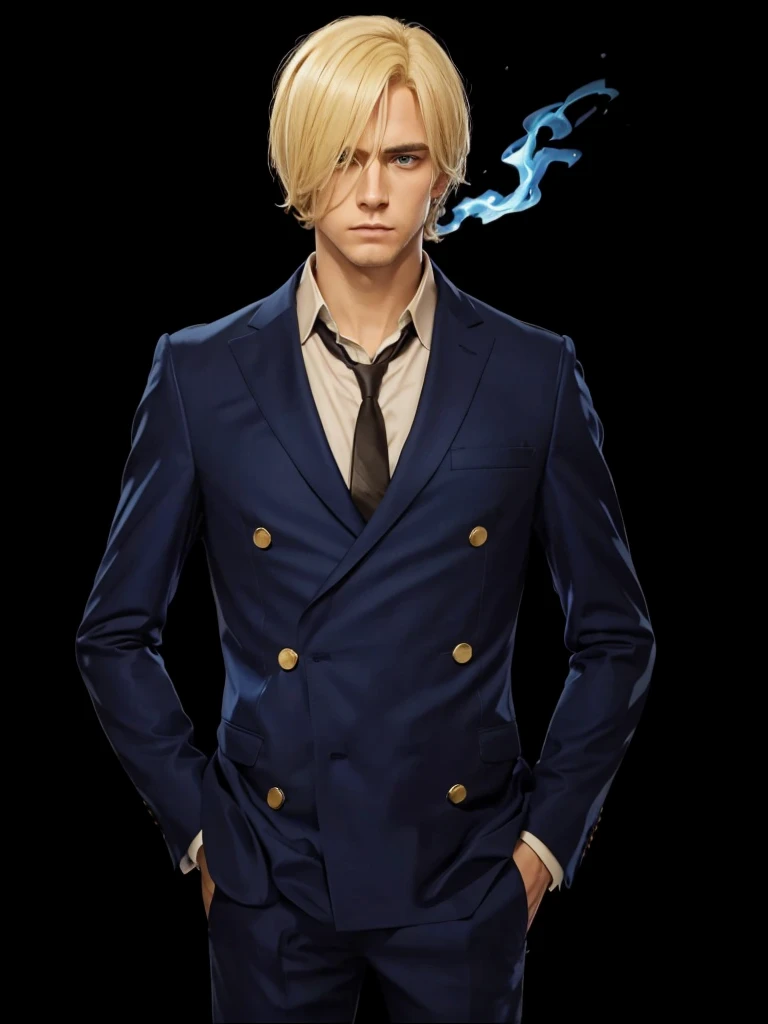 A serious man, with blonde hair, wearing a blue suit set