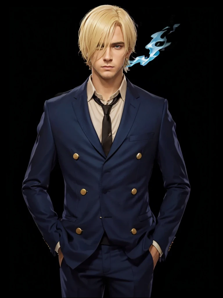 A serious man, with blonde hair, wearing a blue suit set