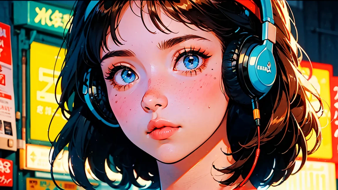 ultra-high resolution, super detailed, perfect lighting,GIRL WITH DETAILED FACE WITH FACE FORWARD, SHORT HAIR, BLUE EYES, small AND ROUNDED nose, 80s anime style GIRL, HEADPHONES, FACE CLOSE UP, speakers, speakers, radio, vintage