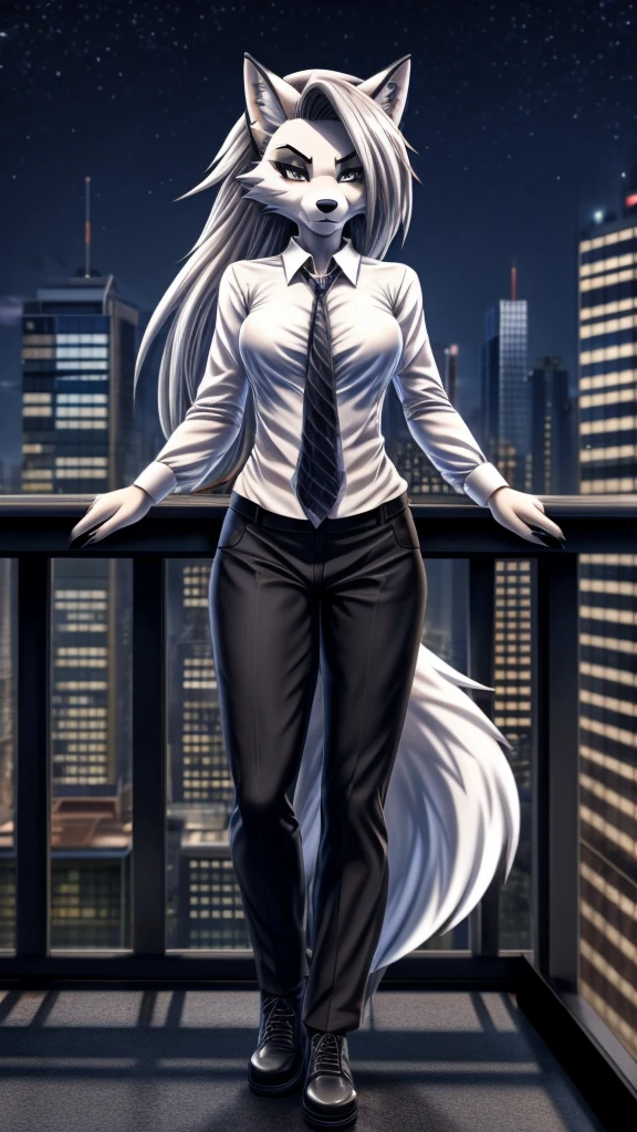 Loona from Helluva Boss, female wolf, anthro, mature adult, soft white hair, grey eyes, white shirt with tie, black pants, black shoes, standing in the balcony, city at background, night, detailed, solo, beautiful, front view, high quality, anime style, 4K