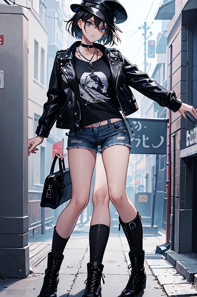 (8K, best quality, master piece: 1.3),super high resolution,1 girl, solo, full body ,ultra-detailed face, silme, (ash hair), thin hair clip, cyan colorshift eyes, expressive eyes, Ecstatic expression, Punk rock style Leather, denim Black, red Spike accessories, chain, A city in torrential rain Grey, blue, white Dark and damp