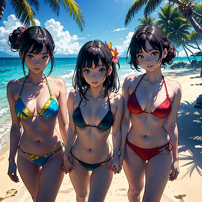 [ 4K Digital Art ]、((Highest quality, masterpiece, High resolution))、((Anime Art))、 ((reality))、Beautiful Japanese Women、(((Three Women)))、19 years old、((The three are friends))、(((three girls holding hands、Walking on the beach)))、((Detailed depiction of a beautiful face))、Smiling Kindly、Small breasts、Slim figure、Medium Short Hair、semi-long、Hair Bun、Wet see-through bikini、(The waist is wrapped in fabric with bold ethnic patterns and plenty of primary colors..。.)、Realistic Skin、Wet、whole body、No zoom、No close-ups、(Beautiful tropical beach landscape photography)、Cinematic Light、tropical、(Beach Flowers)、Against the background of palm trees、On the sunny beach、With the sea in the background、Squall、rainbow、Blur the background、