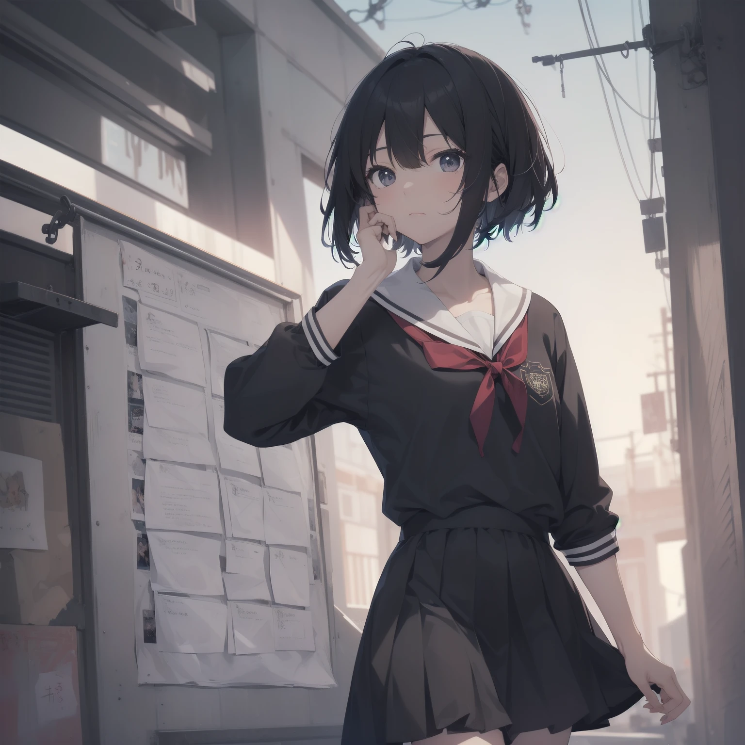 ultra-absurdres-Top quality by artist God, ultra-detailed, high resolution, anime moe artstyle, best anime 8k konachan wallpaper, pixiv contest winner, pool:2810, perfect anatomy,break, 1girl, (Please draw a girl walking sleepily to school alone. )break,(Solo,little female, 13-year-old:1.3),Full limbs, complete fingers,a junior high school student, (very short hair), short cut, flat chest, , small butt, small black eyes, beautiful detailed eyes, well-proportioned iris and pupils, expressive eyes, highres detailed hair, soft expression, salor school_uniform, sailor collar, serahuku, bow, pleated skirt,(Detailed Lighting), (Detailed background), in the School commute route. break,super detailed skin, Best cinematic lighting powered by famous artist, 8k,beauty illustration,photoshop_(medium),very aesthetic,break,((artist:yuuhagi_(amaretto-no-natsu) )), artist:clamp ,artist:carnelian ,artist:kantoku ,