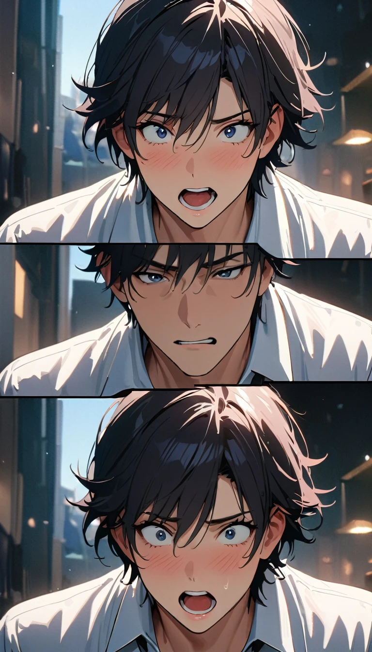20 years old ,masterpiece , modern, Verism, masterpiece, super detail, best quality, 4K , A handsome man, black hair, short hair,  He has his mouth wide open, showing a very surprised expression.
