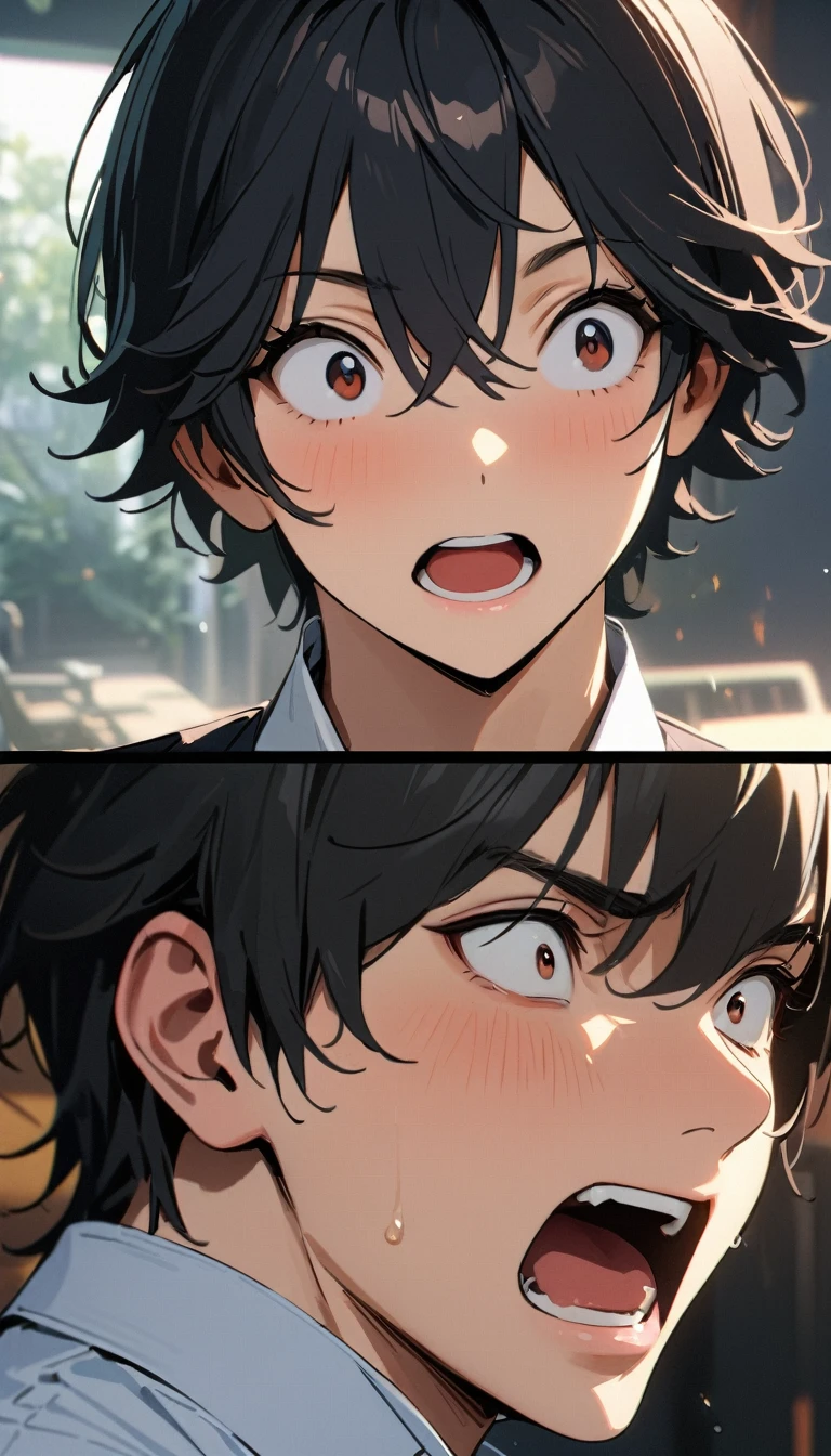20 years old ,masterpiece , modern, Verism, masterpiece, super detail, best quality, 4K , A handsome man, black hair, short hair, He has his mouth wide open, showing a very surprised expression.
