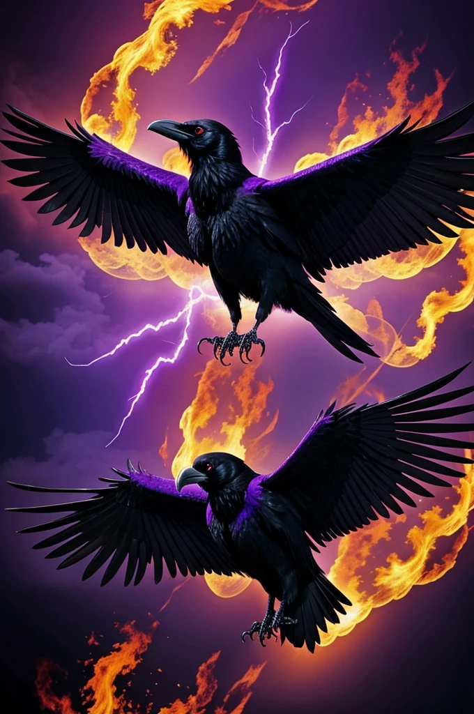 Raven with wings spread, red eyes, purple fire around 