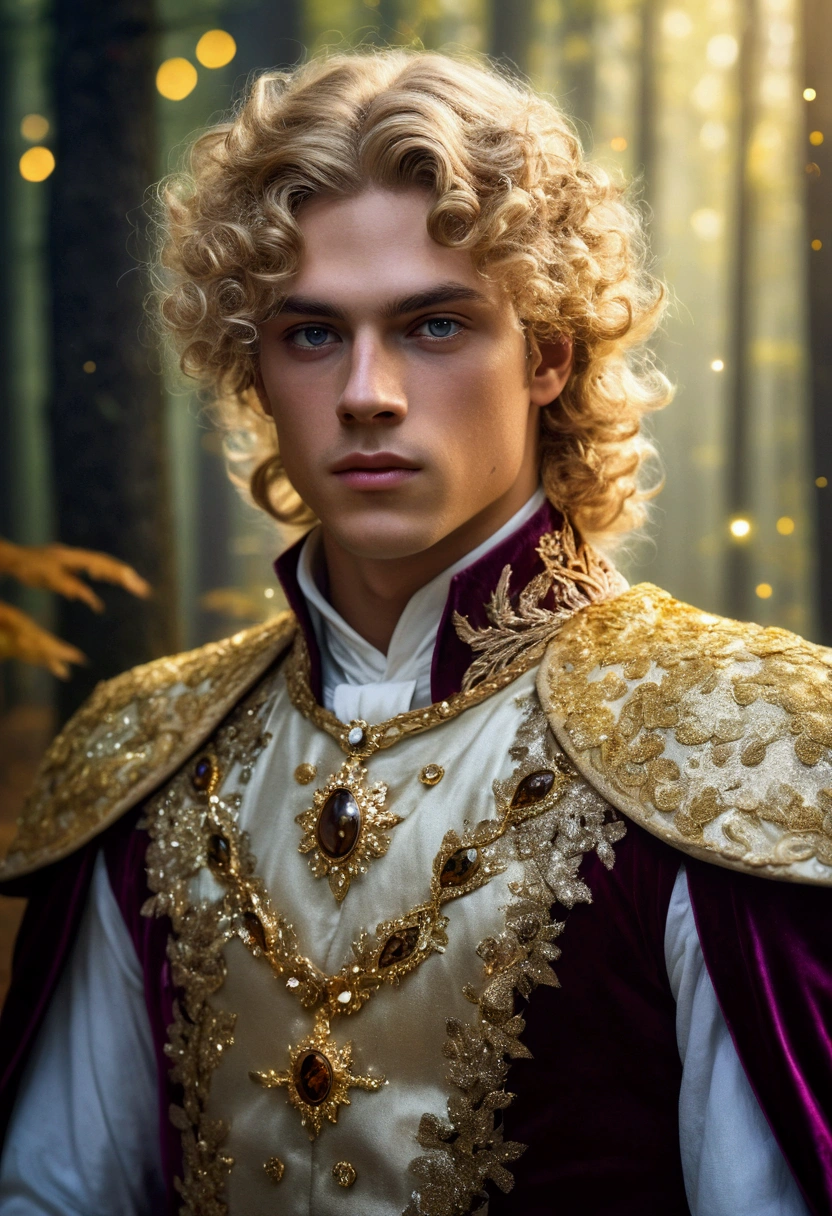 ((One Man)), (((Fantasy portrait of a young man in a princely costume))), ((Long sleaves)), With stormy grey colored eyes, golden skin, short honey blond curly, Magical, Beautiful, Enchanting, Photorealism, mid-shot, ((Deep forest)), Fantasy Art, (((Many sparkling particles in the air))), ((Ethereal fantasy art)),