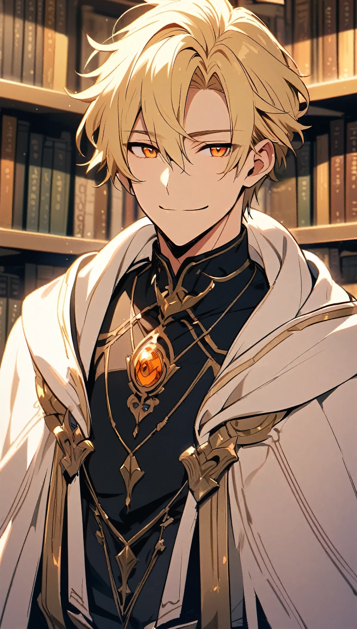Solitary, Handsome, 1 male, Blonde Hair, Orange Eyes, White hooded cape, Black shirt, library, Smiling face