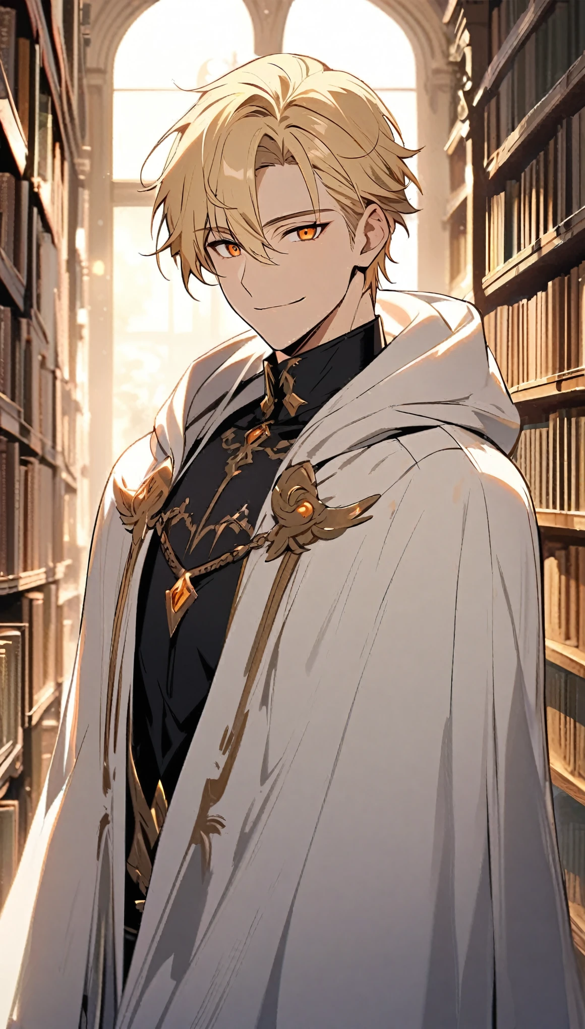 Solitary, Handsome, 1 male, Blonde Hair, Orange Eyes, White hooded cape, Black shirt, library, Smiling face