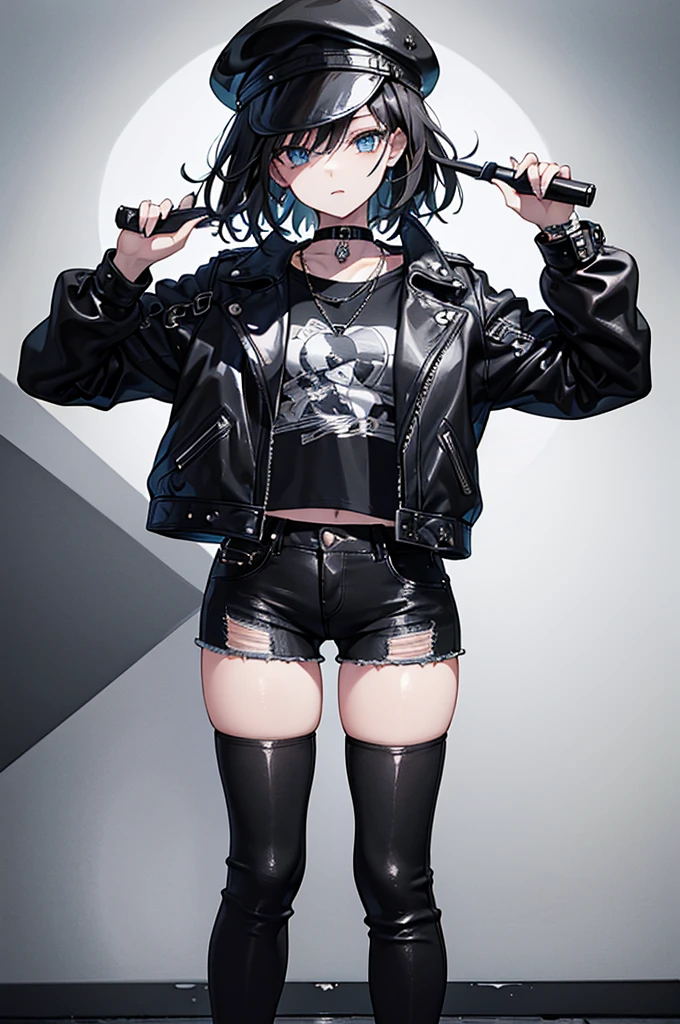 ((best quality)), ((masterpiece)), (detailed), perfect face, 1 girl, a black leather jacket with a bold graphic tee underneath, paired with distressed jeans and chunky combat boots. Accessorize with a statement necklace and a sleek black fedora hat to complete the edgy look.