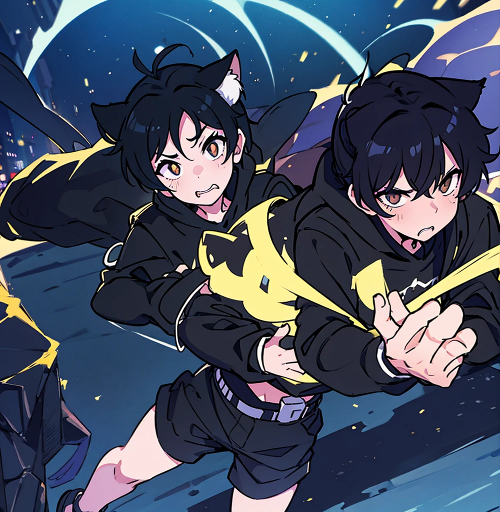 2d anime cat boy with black hair and kitty ears, wearing black hoodie, black pants, walking under city lights at night all alone by himself