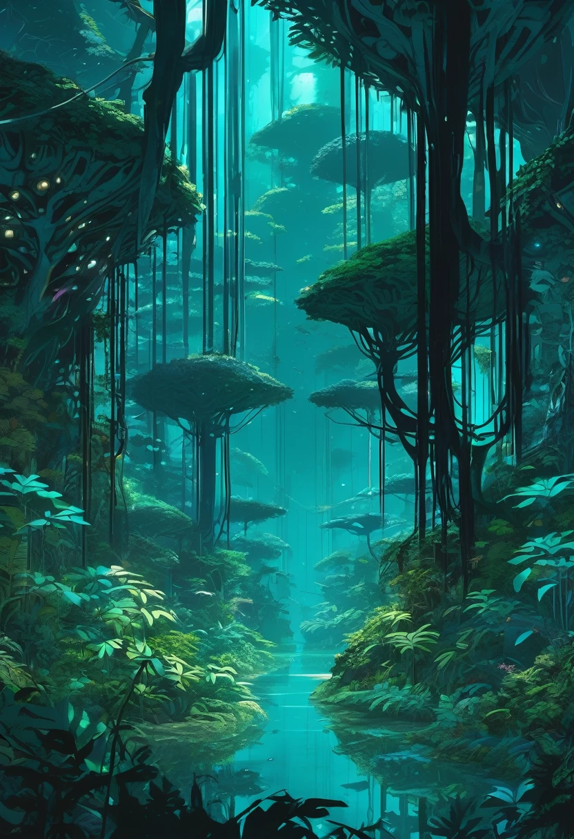 Jungle Canopy, Countless layers of canopy and vines creating a multi leveled jungle of bioluminescent alien night, Bioluminescent jungle canopy, Turquoise and Black color scheme only, Turquoise and Black colors only, Turquoise and Black, Made in Abyss, Stormlight Archive, Studio Ghibli, Anime Key Visual, by Makoto Shinkai, Deep Color, Intricate, 8k resolution concept art, Natural Lighting, Beautiful Composition