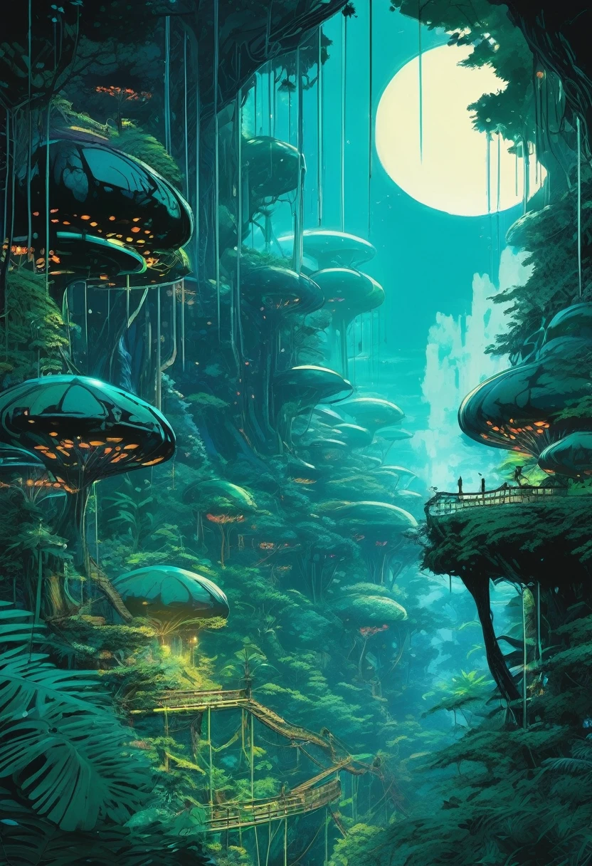 Jungle Canopy, Countless layers of canopy and vines creating a multi leveled jungle of bioluminescent alien night, Bioluminescent jungle canopy, Turquoise and Black color scheme only, Turquoise and Black colors only, Turquoise and Black, Made in Abyss, Stormlight Archive, Studio Ghibli, Anime Key Visual, by Makoto Shinkai, Deep Color, Intricate, 8k resolution concept art, Natural Lighting, Beautiful Composition