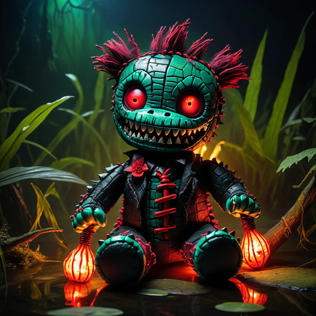 (knitted toy voodoo doll:1.7), (Voodoo Demonic Crocodile:1.3), (Clothing: dark scales with glowing red eyes:1.0), (Accessories: enchanted infernal jaws, glowing cursed amulet, mystical murky swamp:1.2), (background: shadowy swamp with floating, glowing fireflies and eerie ripples:1.2), best quality, masterpiece, detailed soft oil painting, detailed background, dramatic cinematic lighting, soft edge lighting, professional, dramatic lighting, hard edge lighting, ultra quality, 4k,masterpiece, best quality, 8k, ultra highres, highres, extremely detailed