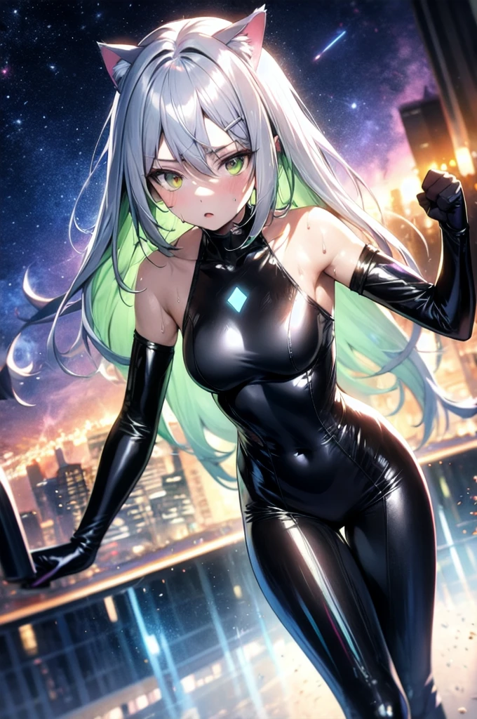 A silver-haired beautiful girl with cat ears eyes are green hair is silver and long clothes: a form-fitting black combat suit The fist is an afterimage The background is a city at night her is in a cat-like fighting pose The year is 14 years monitor, Dark Night, Sweat, Steam of Exhalation, Space, Battle, Dynamic Angle one girl