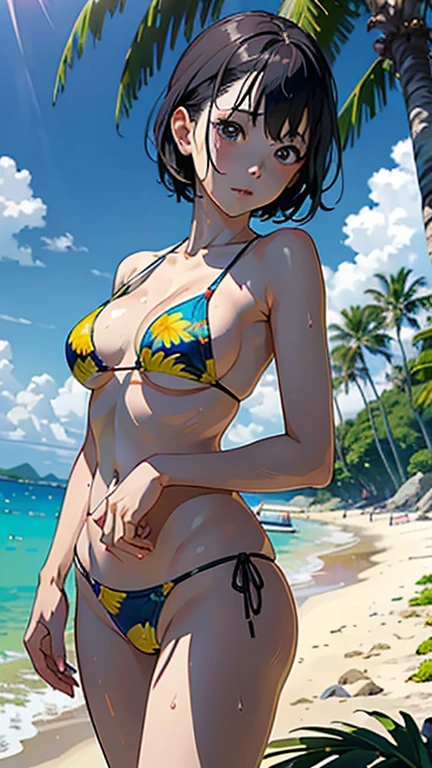 ((Highest quality, masterpiece, High resolution))、Beautiful Japanese Women、((Real anime art))、 ((1 girl))、 Normal size breasts、Slim figure、Medium Short Hair、double eyelid、Wet see-through bikini、A pareo with bold ethnic patterns and plenty of primary colors.、Realistic Skin、Wet、whole body、Cinematic Light、tropical、Against the background of palm trees、On the sunny beach、With the sea in the background、Blur the background、