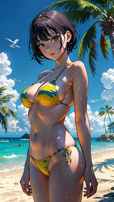 ((Highest quality, masterpiece, High resolution))、Beautiful Japanese Women、((Real anime art))、 ((1 girl))、 Normal size breasts、Slim figure、Medium Short Hair、double eyelid、Wet see-through bikini、A pareo with bold ethnic patterns and plenty of primary colors.、Realistic Skin、Wet、whole body、Cinematic Light、tropical、Against the background of palm trees、On the sunny beach、With the sea in the background、Blur the background、