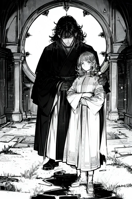 High quality masterpiece, super detailed, super emotion detailed, castle with grass, cold colours dramatic lighting, movie scene, anime style, perfect face, clean eyes, Middle Ages, clean emotions, full body! A cold mean man with black short curly hair, in expensive black Loose robe, with gray shining eyes, he is dark lord, he is cool. He is looking with warm smile to his adult daughter who also has black hair. super quality, 4K, clean eyes, super quality ever! detailed emotions! dark fantasy!, middle ages! They look happy, clear eyes, he is with his adult daughter!!!!!
