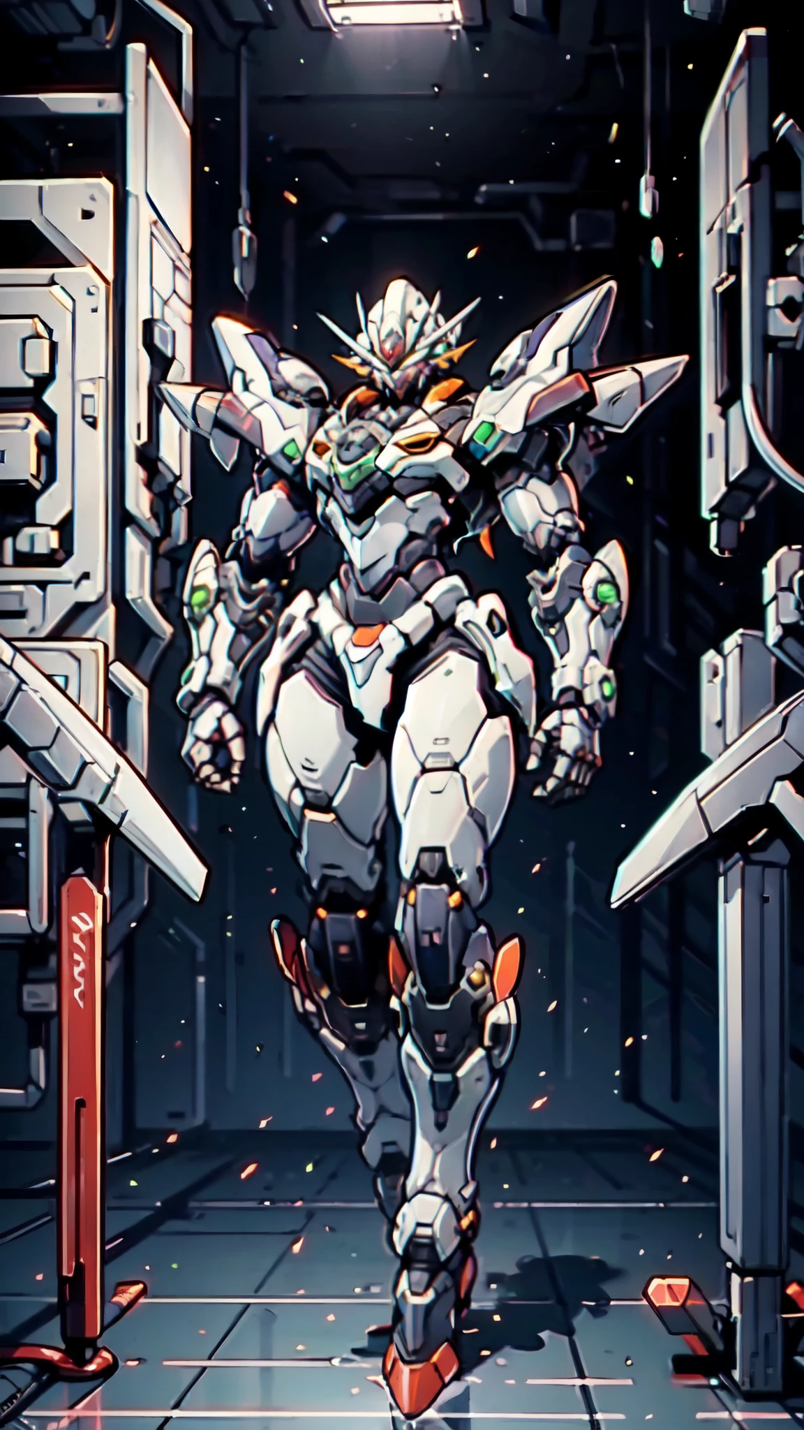 (masterpiece:1.5, best quality:1.5, extremely delicate:1.5), humanoid Mecha, fully enclosed shoulder guards, matching arm and leg guards, full body, full armor, the design balances heavy with agility, (the color scheme is primarily white with red and blue accents, the concept Inspired by Super robot, organic biotech armor, standing, floating high above the futuristic sci-fi city), exquisite and mature art style, (aura effect, energy, glowing eyes, the armor glows), metallic, dramatic, high definition, highres, ultra-detailed, ultra-fine painting, professional, perfect body proportions, anatomically correct, symmetrical face, extremely detailed eyes and face, high quality eyes, creativity, RAW photo, UHD, 32k, Natural light, cinematic lighting, masterpiece-anatomy-perfect