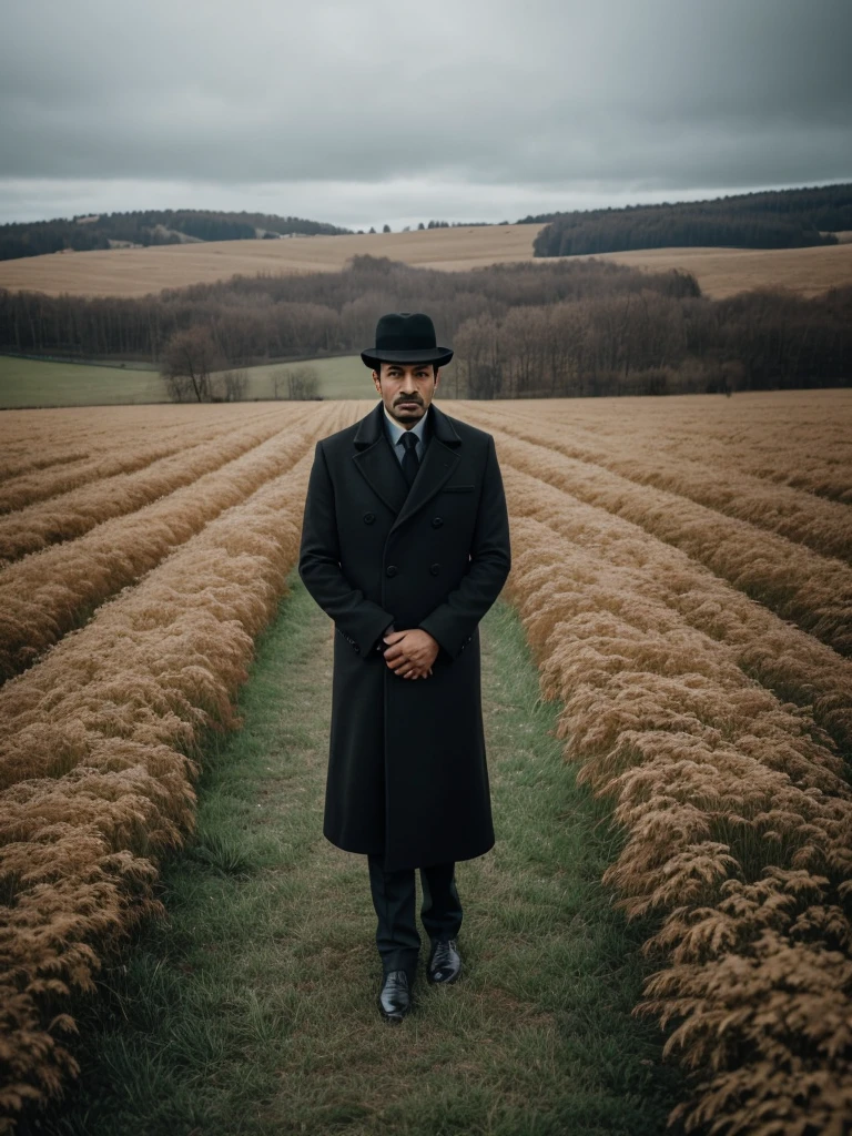 arafed man in a black coat and hat standing in a field, inspired by Cristache Gheorghiu, by Cristache Gheorghiu, by Muggur, inspired by Pál Balkay, scene from the movie godfather, the godfather, navid negahban, inspired by Aniello Falcone, clean from scene from twin peaks