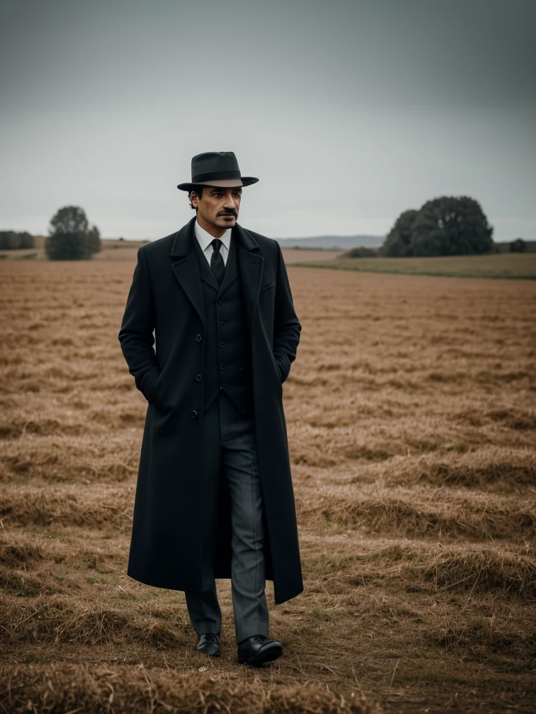 arafed man in a black coat and hat standing in a field, inspired by Cristache Gheorghiu, by Cristache Gheorghiu, by Muggur, inspired by Pál Balkay, scene from the movie godfather, the godfather, navid negahban, inspired by Aniello Falcone, clean from scene from twin peaks