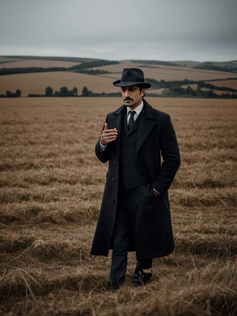 arafed man in a black coat and hat standing in a field, inspired by Cristache Gheorghiu, by Cristache Gheorghiu, by Muggur, inspired by Pál Balkay, scene from the movie godfather, the godfather, navid negahban, inspired by Aniello Falcone, clean from scene from twin peaks