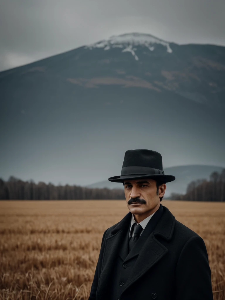 arafed man in a black coat and hat standing in a field, inspired by Cristache Gheorghiu, by Cristache Gheorghiu, by Muggur, inspired by Pál Balkay, scene from the movie godfather, the godfather, navid negahban, inspired by Aniello Falcone, clean from scene from twin peaks