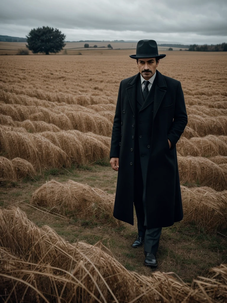 arafed man in a black coat and hat standing in a field, inspired by Cristache Gheorghiu, by Cristache Gheorghiu, by Muggur, inspired by Pál Balkay, scene from the movie godfather, the godfather, navid negahban, inspired by Aniello Falcone, clean from scene from twin peaks