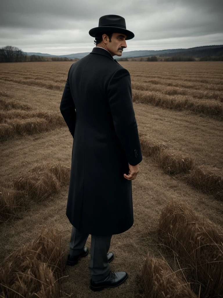 arafed man in a black coat and hat standing in a field, an album cover inspired by Cristache Gheorghiu, flickr, fantastic realism, scene from the movie godfather, the godfather, navid negahban, clean from scene from twin peaks, handsome man, godfather, a suited man in a hat, 1982 color fellini film
